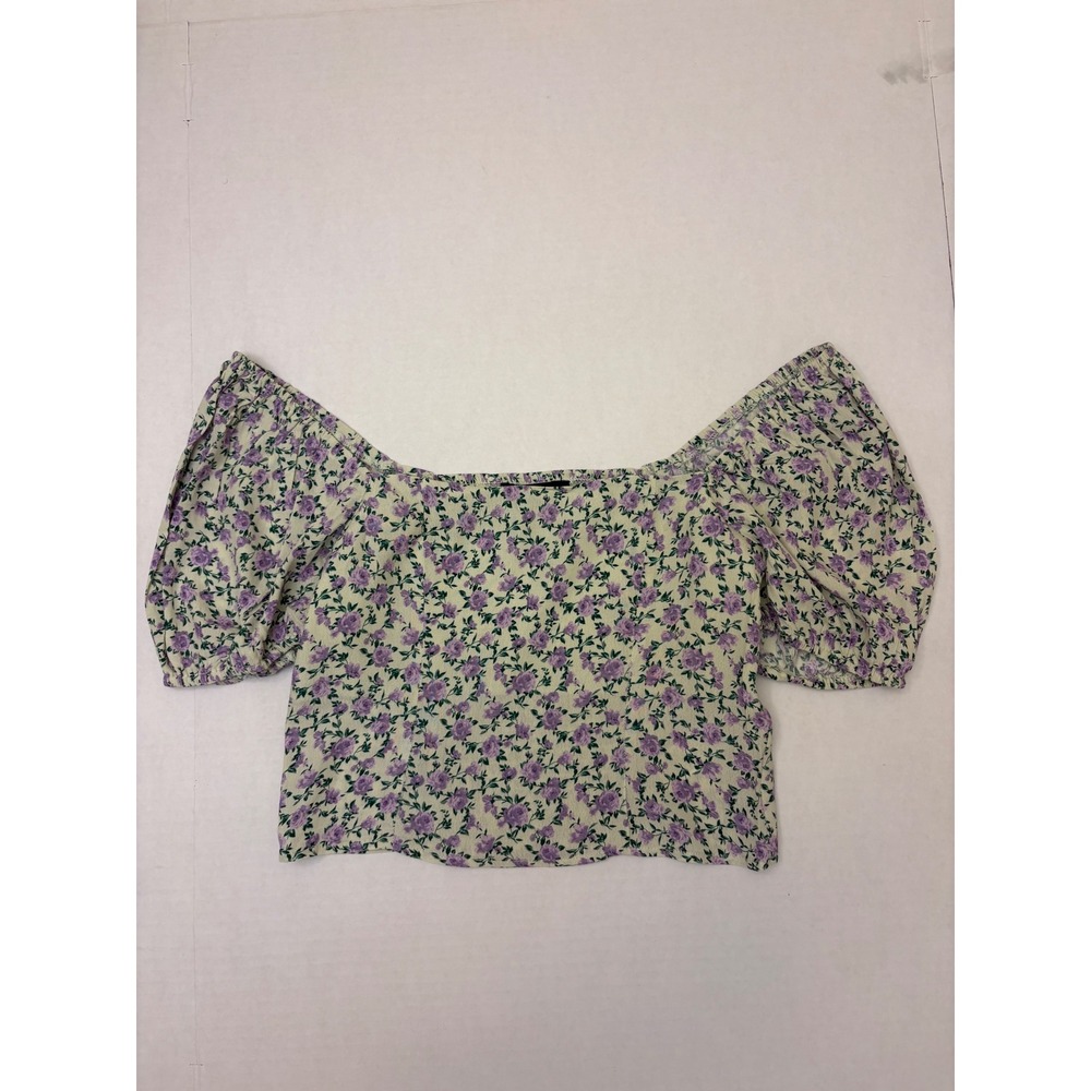 Forever 21 Floral Crop Top Green Purple Rose Smocked Back Puff Sleeve Small